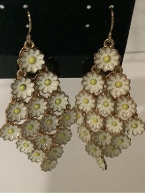 Daisy Cascade White and Yellow Enamel Chandelier Earrings 3” Drop